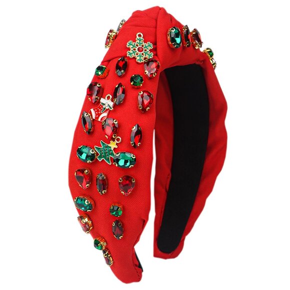 Red Green Christmas Knotted Headband with Snowflake & Tree Rhinestone Design - Picture 1 of 4